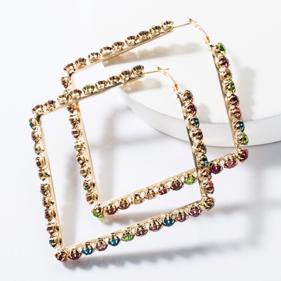 Gold Oversized Square Multi Color Stone Hoop Fashion Style Earrings 25$